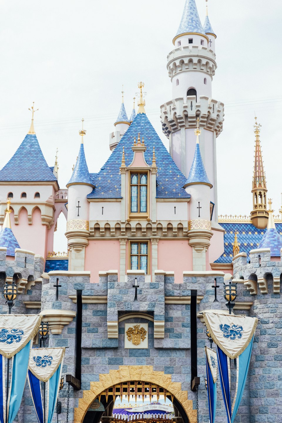 Fantasy castle with pink walls, blue roofs, and lion crest banners.